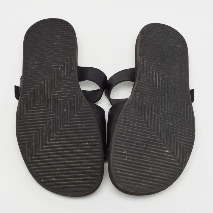 Pre Owned Hermes Black Leather Double Strap Slides Size 43