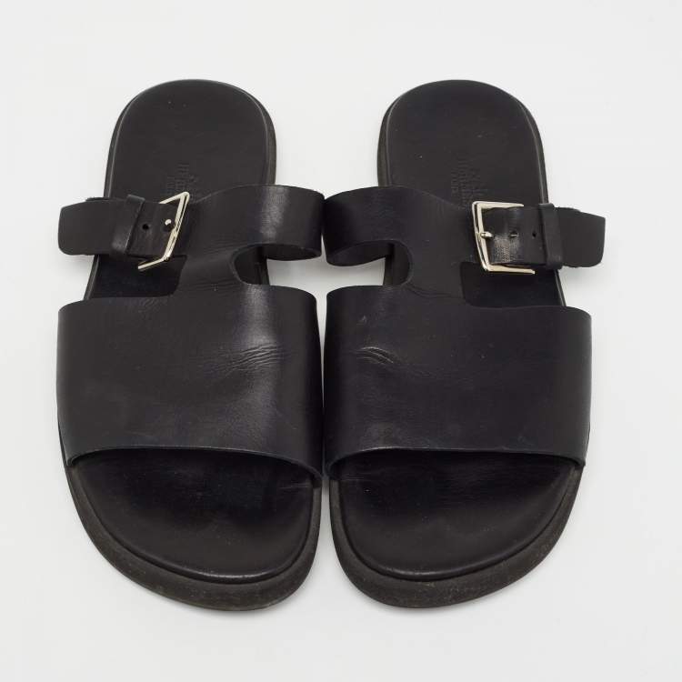 Pre Owned Hermes Black Leather Double Strap Slides Size 43