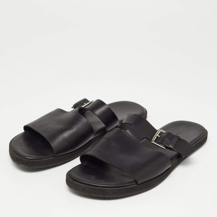 Pre Owned Hermes Black Leather Double Strap Slides Size 43