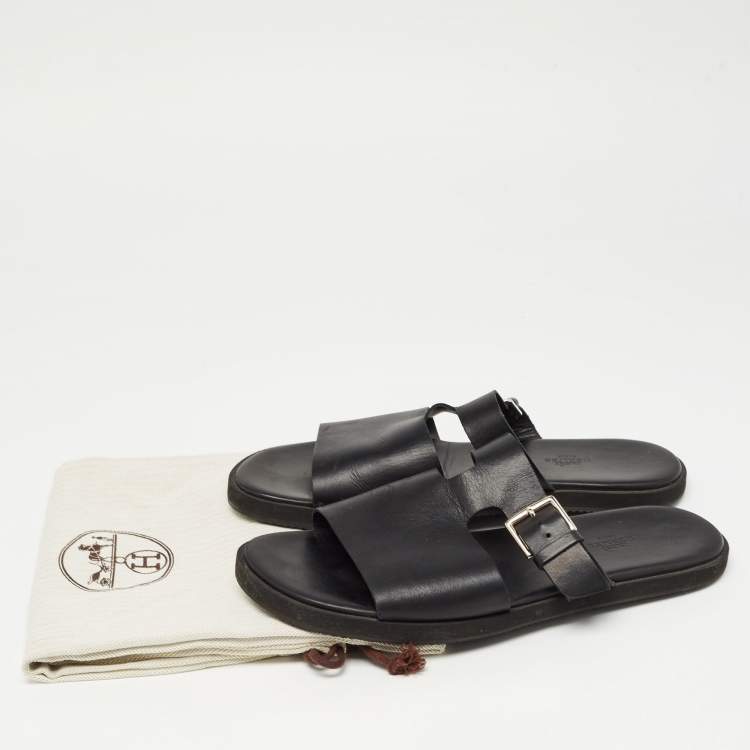 Pre Owned Hermes Black Leather Double Strap Slides Size 43
