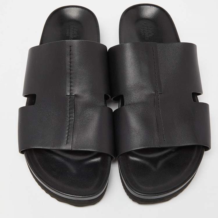 Pre Owned Hermes Black Leather Slides Size 44.5 