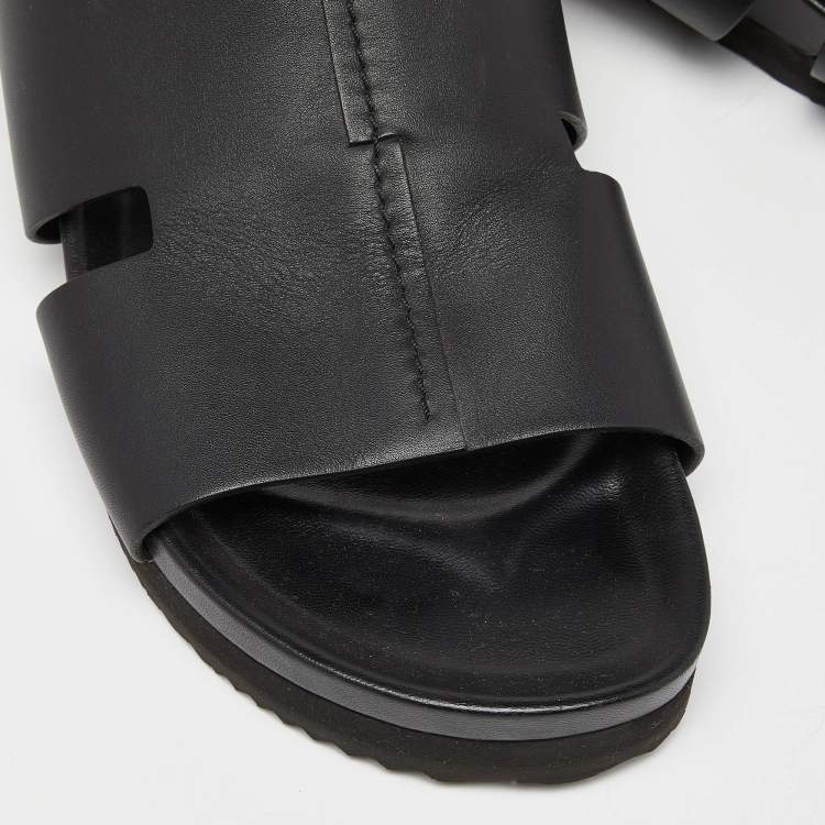 Pre Owned Hermes Black Leather Slides Size 44.5 