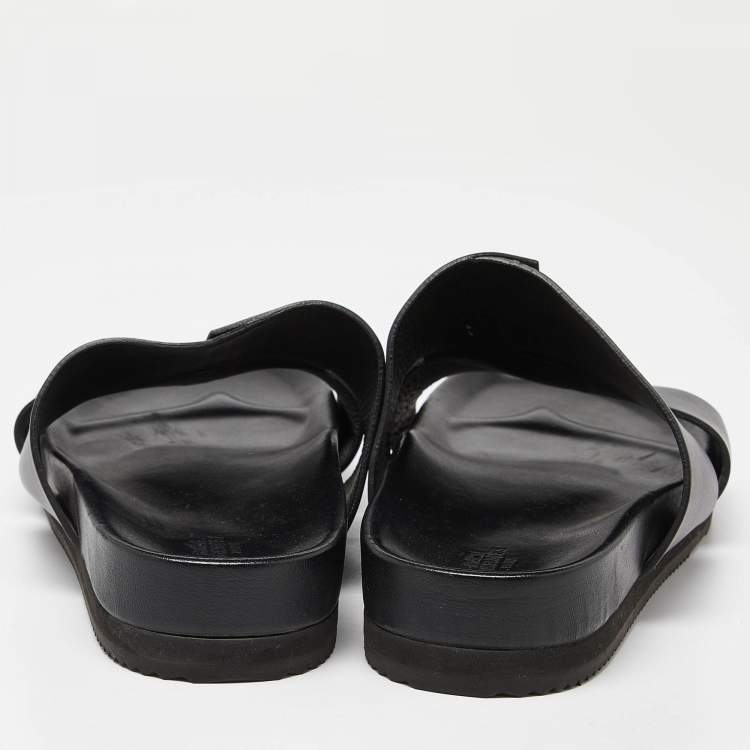 Pre Owned Hermes Black Leather Slides Size 44.5 