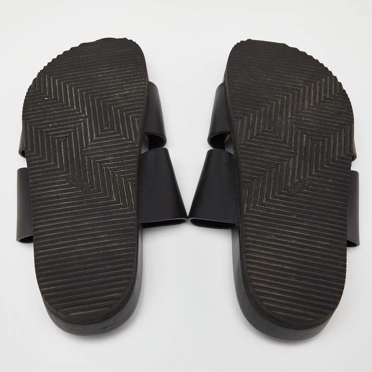 Pre Owned Hermes Black Leather Slides Size 44.5 