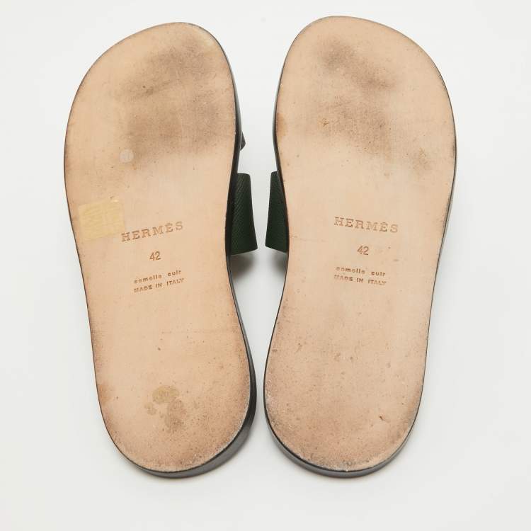 Pre Owned Hermes Green Leather Izmir Flat Slides Size 42