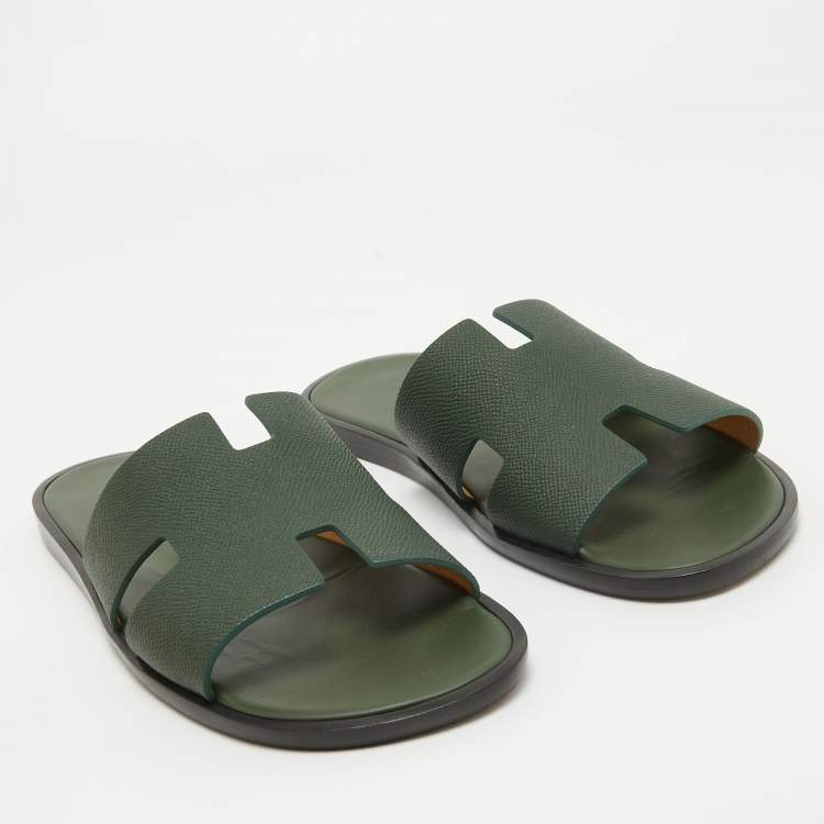 Pre Owned Hermes Green Leather Izmir Flat Slides Size 42