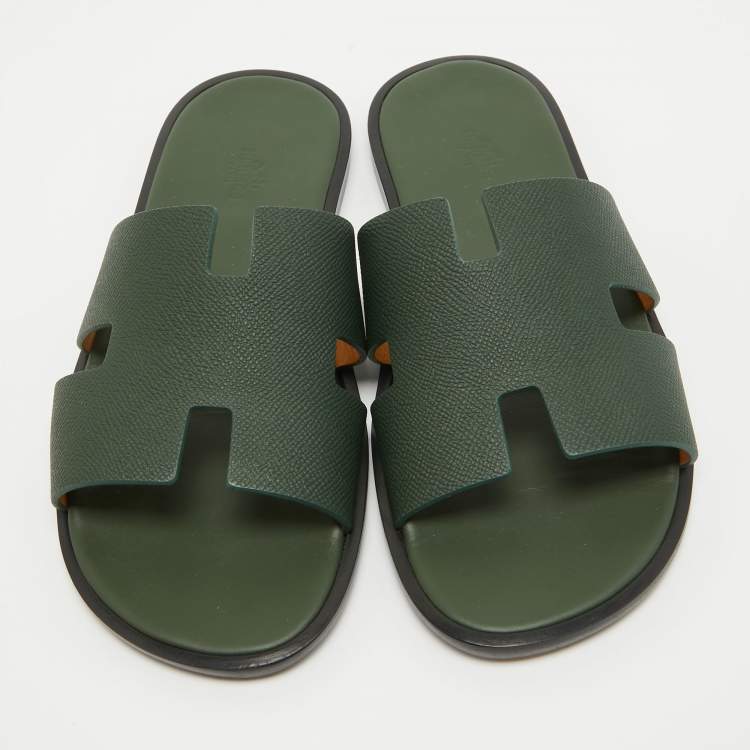Pre Owned Hermes Green Leather Izmir Flat Slides Size 42
