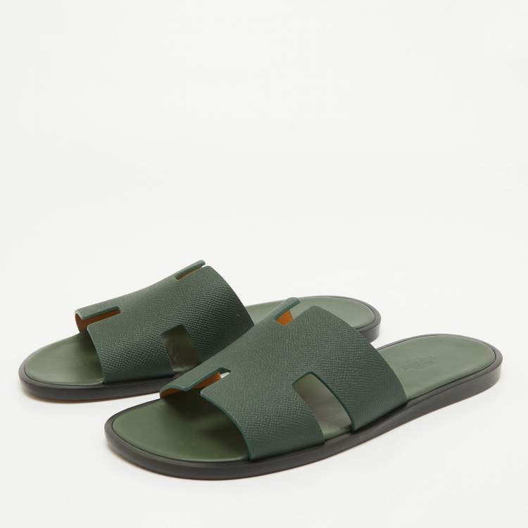Pre Owned Hermes Green Leather Izmir Flat Slides Size 42