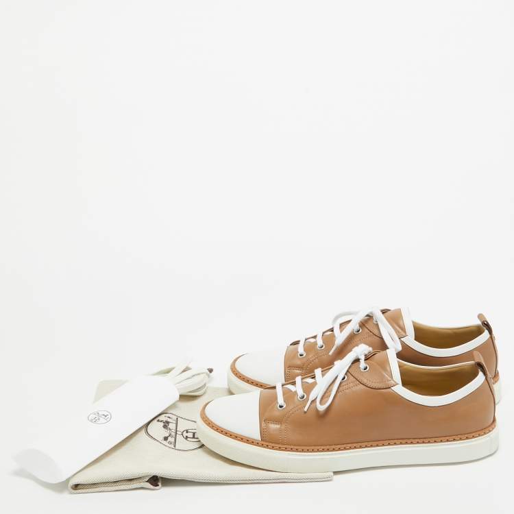 Pre Owned Hermes Brown/White Leather Low Top Sneakers Size 43.5