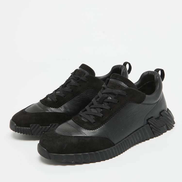 مملوكة مسبقًا Hermes Black Leather and Suede Bouncing Sneakers Size 44.5