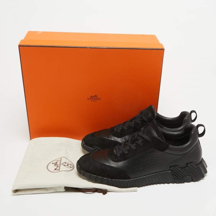 مملوكة مسبقًا Hermes Black Leather and Suede Bouncing Sneakers Size 44.5