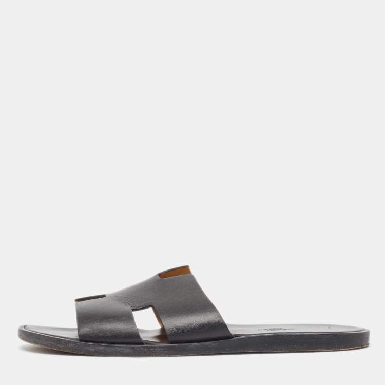 Pre Owned Hermes Black Leather Izmir Slide Sandals Size 43