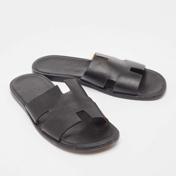 Pre Owned Hermes Black Leather Izmir Slide Sandals Size 43