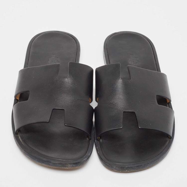 Pre Owned Hermes Black Leather Izmir Slide Sandals Size 43