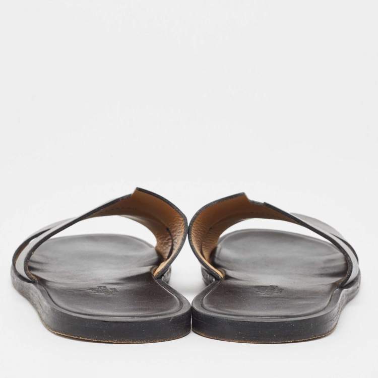 Pre Owned Hermes Black Leather Izmir Slide Sandals Size 43