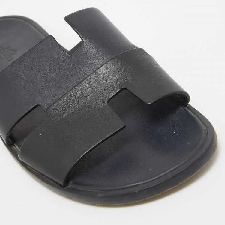 Pre Owned Hermes Navy Blue/Black Leather Izmir Slides Size 44