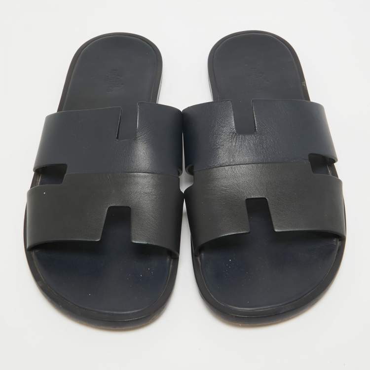 Pre Owned Hermes Navy Blue/Black Leather Izmir Slides Size 44