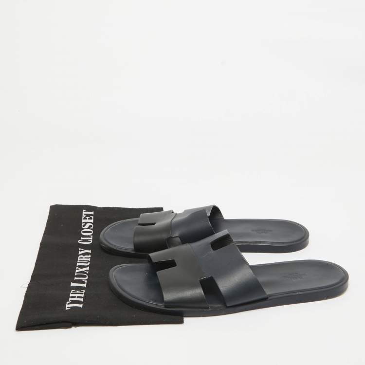 Pre Owned Hermes Navy Blue/Black Leather Izmir Slides Size 44