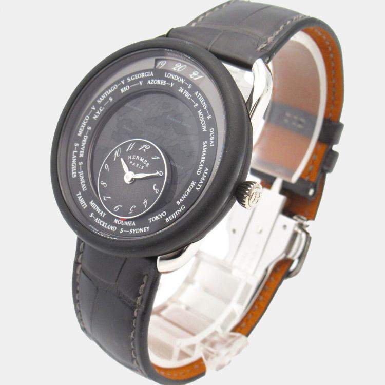 Pre Owned Hermes Black Titanium Le Temps Voyageur W057258WW00 Automatic Men's Wristwatch 41 mm