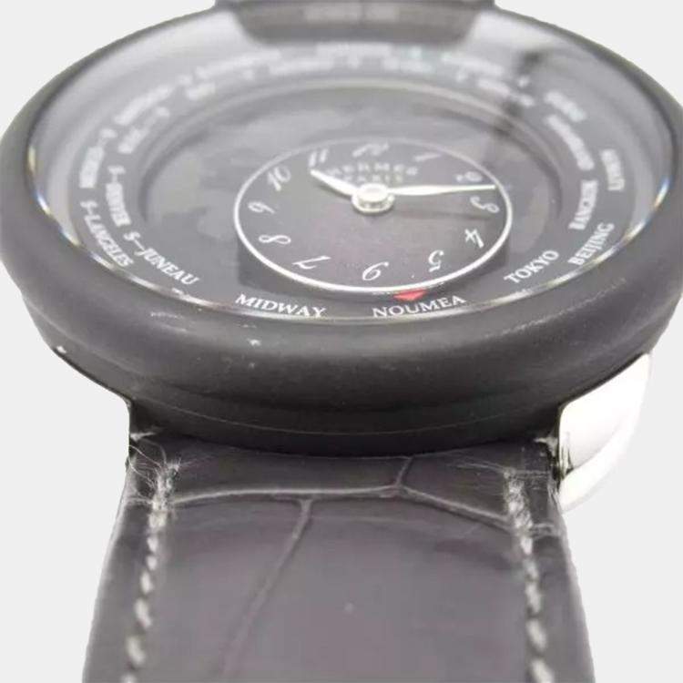 Pre Owned Hermes Black Titanium Le Temps Voyageur W057258WW00 Automatic Men's Wristwatch 41 mm