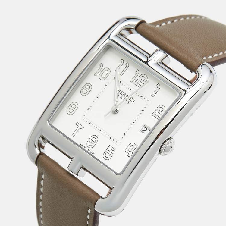 Pre Owned Hermes Opaline Silver Stainless Steel Leather Cape Cod W044350WW00 Men's Wristwatch 33 mm