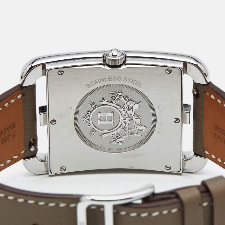Pre Owned Hermes Opaline Silver Stainless Steel Leather Cape Cod W044350WW00 Men's Wristwatch 33 mm