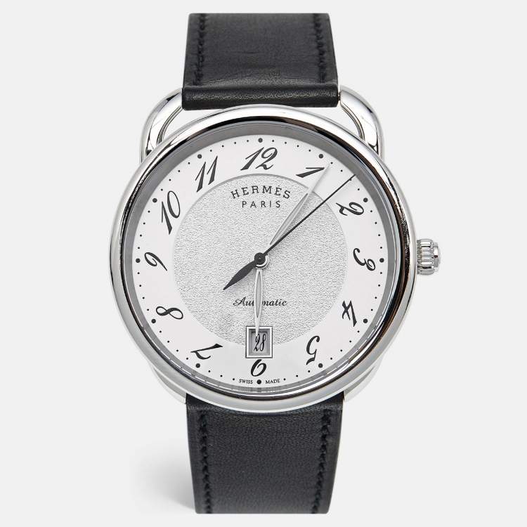 Pre Owned Hermes Silver Dial Stainless Steel Leather Arceau AR7.710 Men's Wristwatch 41 mm