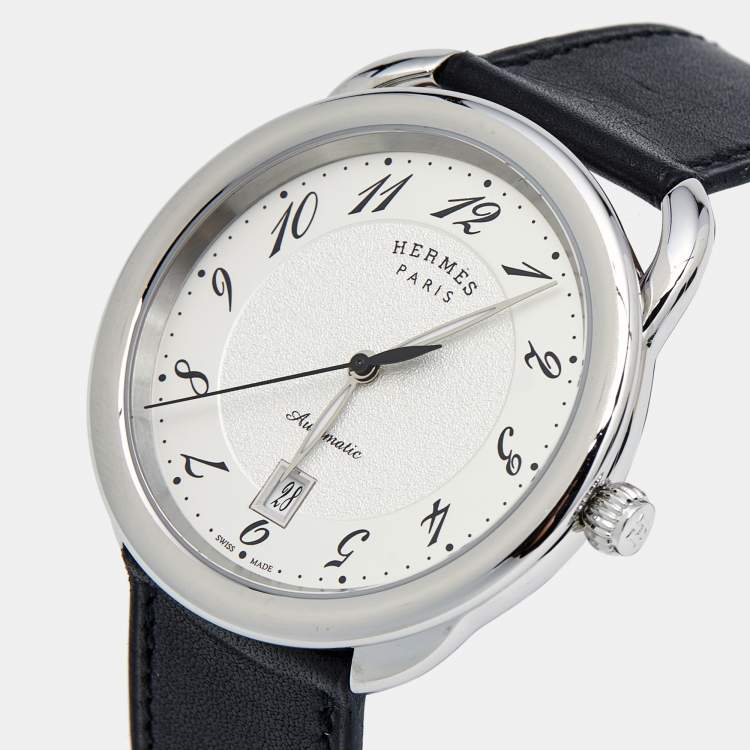 Pre Owned Hermes Silver Dial Stainless Steel Leather Arceau AR7.710 Men's Wristwatch 41 mm