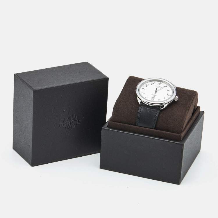 Pre Owned Hermes Silver Dial Stainless Steel Leather Arceau AR7.710 Men's Wristwatch 41 mm