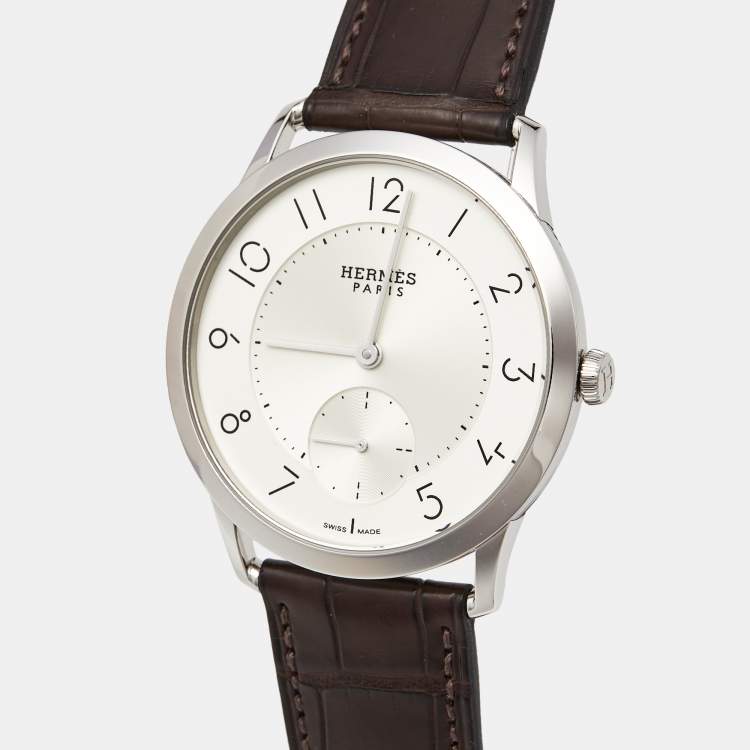 مملوكة مسبقًا Hermès Slim d'Hermes CA2.810 Silver Stainless Steel Alliagator Leather Men's Wristwatch 39.50 mm