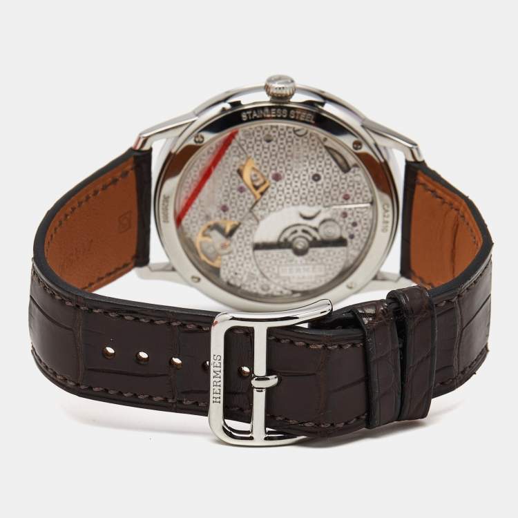 مملوكة مسبقًا Hermès Slim d'Hermes CA2.810 Silver Stainless Steel Alliagator Leather Men's Wristwatch 39.50 mm