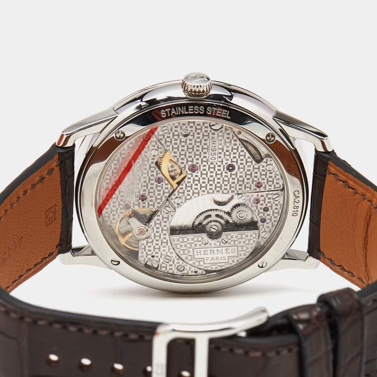 مملوكة مسبقًا Hermès Slim d'Hermes CA2.810 Silver Stainless Steel Alliagator Leather Men's Wristwatch 39.50 mm