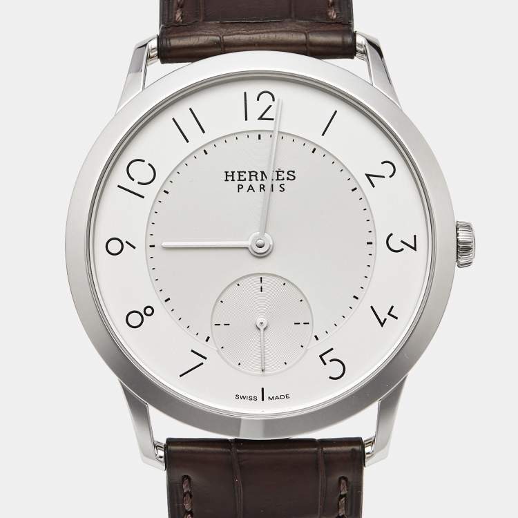 مملوكة مسبقًا Hermès Slim d'Hermes CA2.810 Silver Stainless Steel Alliagator Leather Men's Wristwatch 39.50 mm