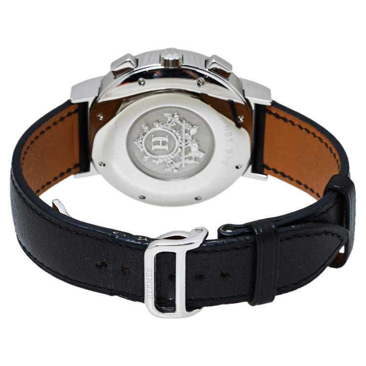 Pre Owned Hermes Silver Stainless Steel & Leather Nomade Chrono N01.910 Men's Wristwatch 39 mm