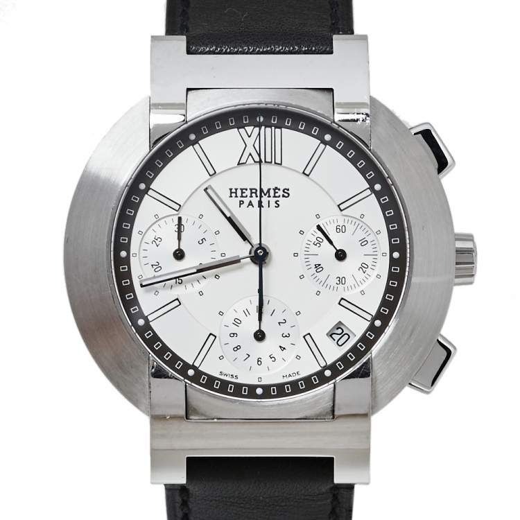 Pre Owned Hermes Silver Stainless Steel & Leather Nomade Chrono N01.910 Men's Wristwatch 39 mm