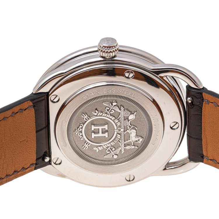 Pre Owned Hermes Silver Stainless Steel Leather Arceau AR5.710A Men's Wristwatch 38 mm