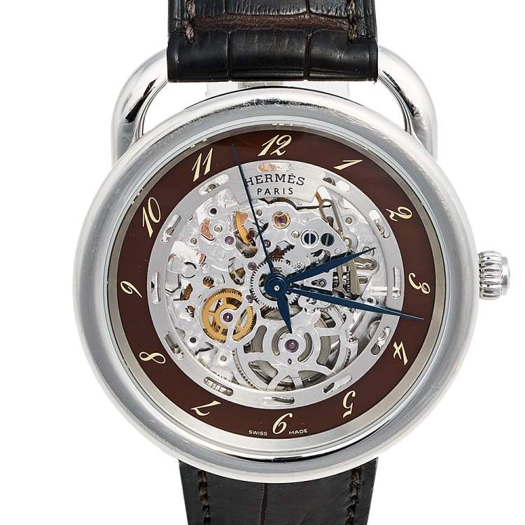 Pre Owned Hermes Skeleton Stainless Steel Alligator Arceau Squelette AR6.710a Men's Wristwatch 41 mm