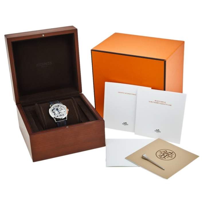 Pre Owned Hermes Grey Skeleton Titanium Platinum Alligator Leather Slim d'Hermes Squelette Lune W053606WW00 Men's Wristwatch 39.50 mm