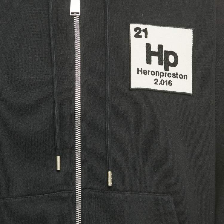 Pre Owned Heron Preston Black Logo Patch Detail Printed Cotton Zip-Up Hoodie M