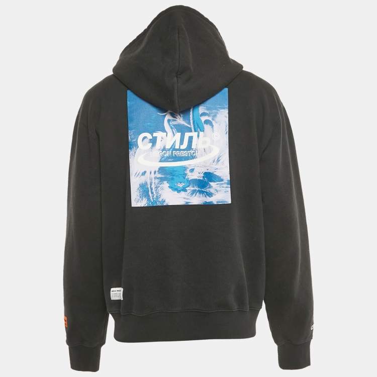 Pre Owned Heron Preston Black Logo Patch Detail Printed Cotton Zip-Up Hoodie M