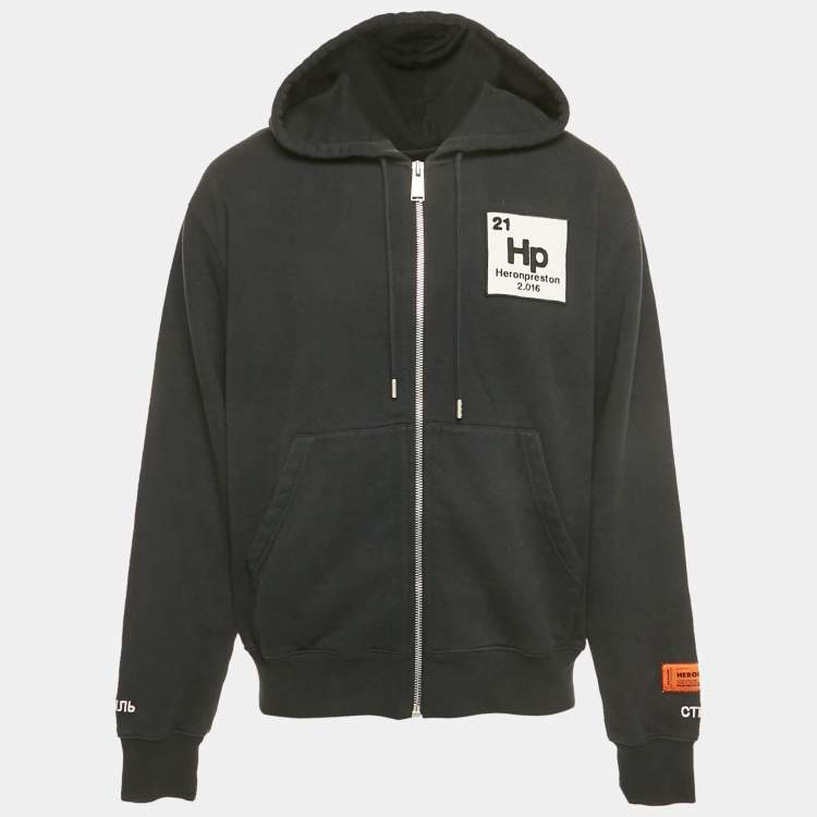 Pre Owned Heron Preston Black Logo Patch Detail Printed Cotton Zip-Up Hoodie M