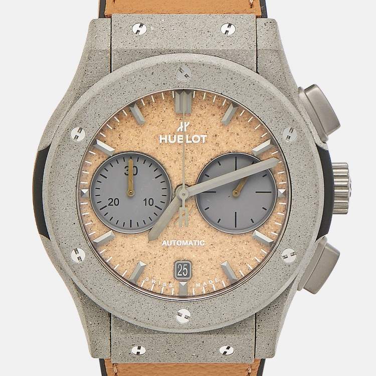 Pre Owned Hublot Tan Dial Grey Concrete Sand Camel Leather Limited Edition Classic Fusion Year of The Fiftieth 521.XC.0570.VR.UAE21 Men's Wristwatch 45 mm