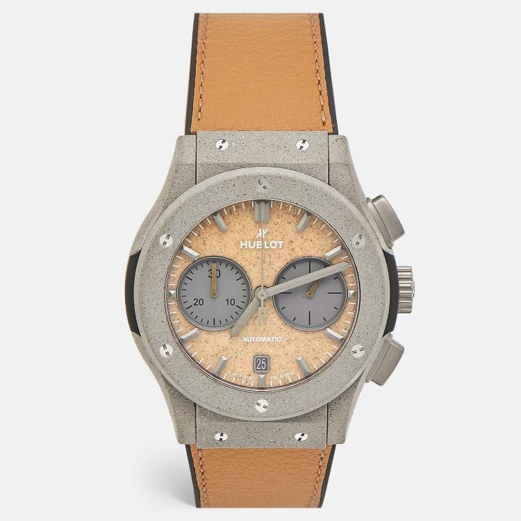 Pre Owned Hublot Tan Dial Grey Concrete Sand Camel Leather Limited Edition Classic Fusion Year of The Fiftieth 521.XC.0570.VR.UAE21 Men's Wristwatch 45 mm