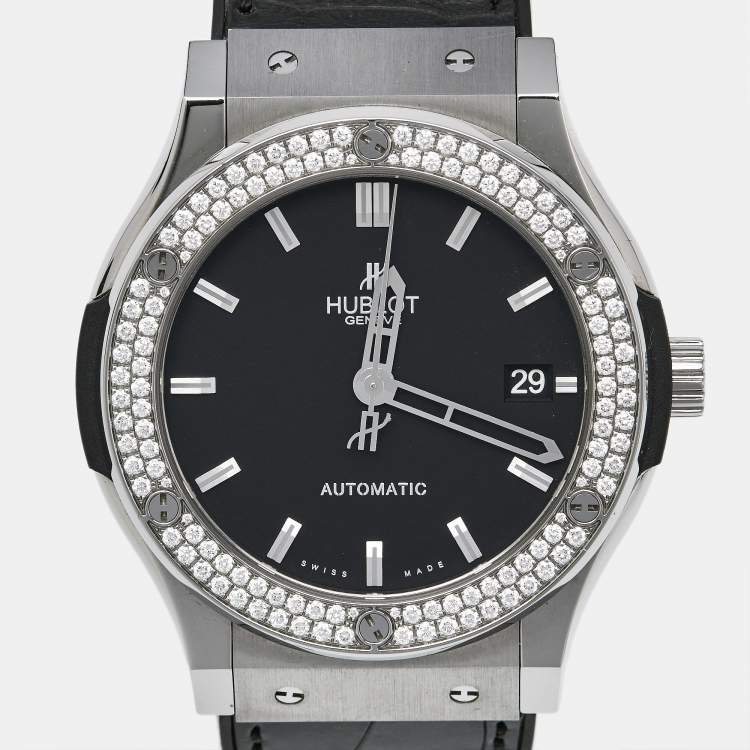 Pre Owned Hublot Black Titanium Diamond Rubber Alligator Leather Classic Fusion 511.NX.1171.LR.1104 Women's Wristwatch 45 mm