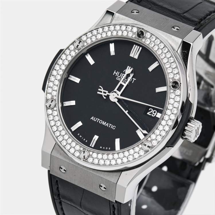Pre Owned Hublot Black Titanium Diamond Rubber Alligator Leather Classic Fusion 511.NX.1171.LR.1104 Women's Wristwatch 45 mm