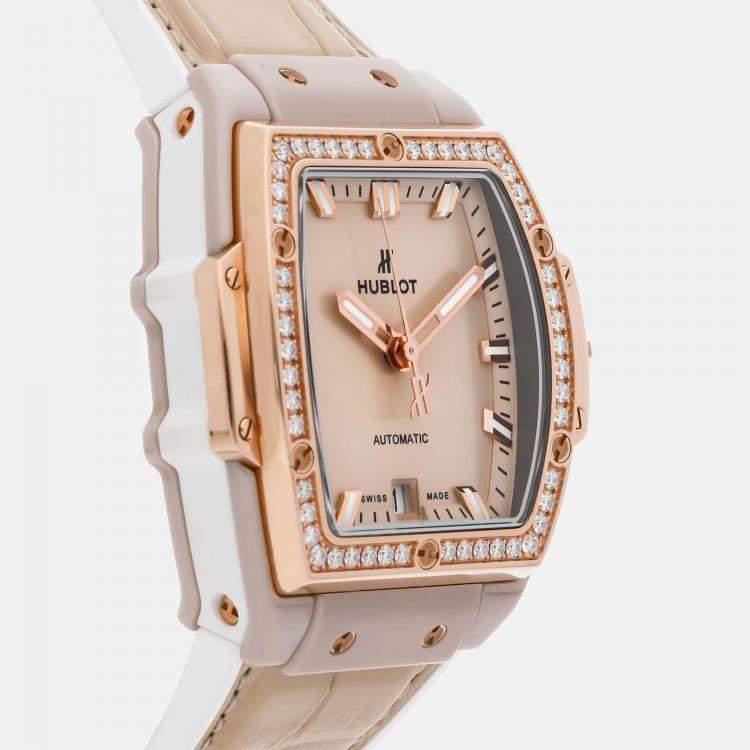 Pre Owned Hublot Spirit Of Big Bang Beige Ceramic King Gold Diamonds 665.CZ.898B.LR.1204 Automatic Ceramic Beige Dial Men's Wristwatch 39mm