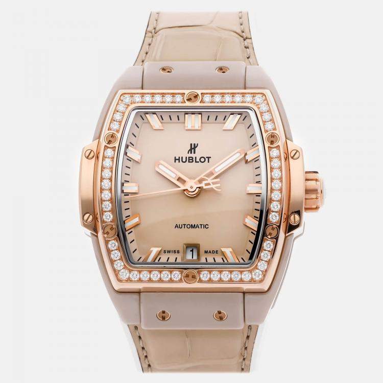 Pre Owned Hublot Spirit Of Big Bang Beige Ceramic King Gold Diamonds 665.CZ.898B.LR.1204 Automatic Ceramic Beige Dial Men's Wristwatch 39mm