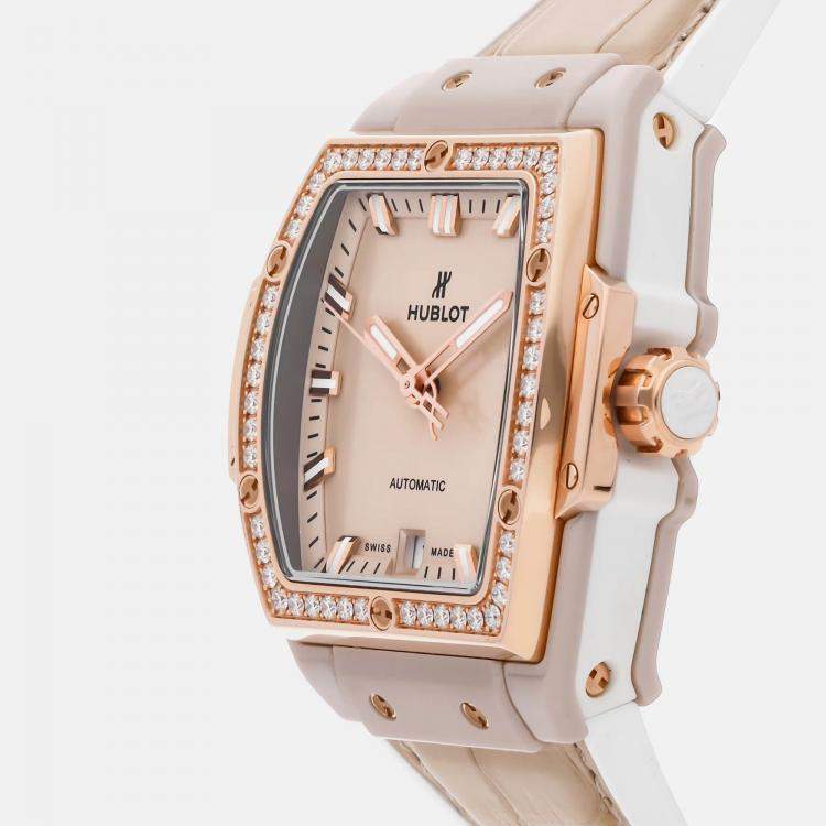 Pre Owned Hublot Spirit Of Big Bang Beige Ceramic King Gold Diamonds 665.CZ.898B.LR.1204 Automatic Ceramic Beige Dial Men's Wristwatch 39mm