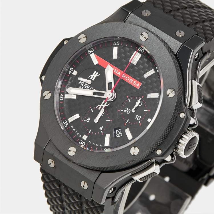 Pre Owned Hublot Luna Rosa Limited Edition Big Bang 301.CM.131.RX.LUN06 Black Carbon Fiber Dial Ceramic Titanium Rubber Men's Wristwatch 44 mm