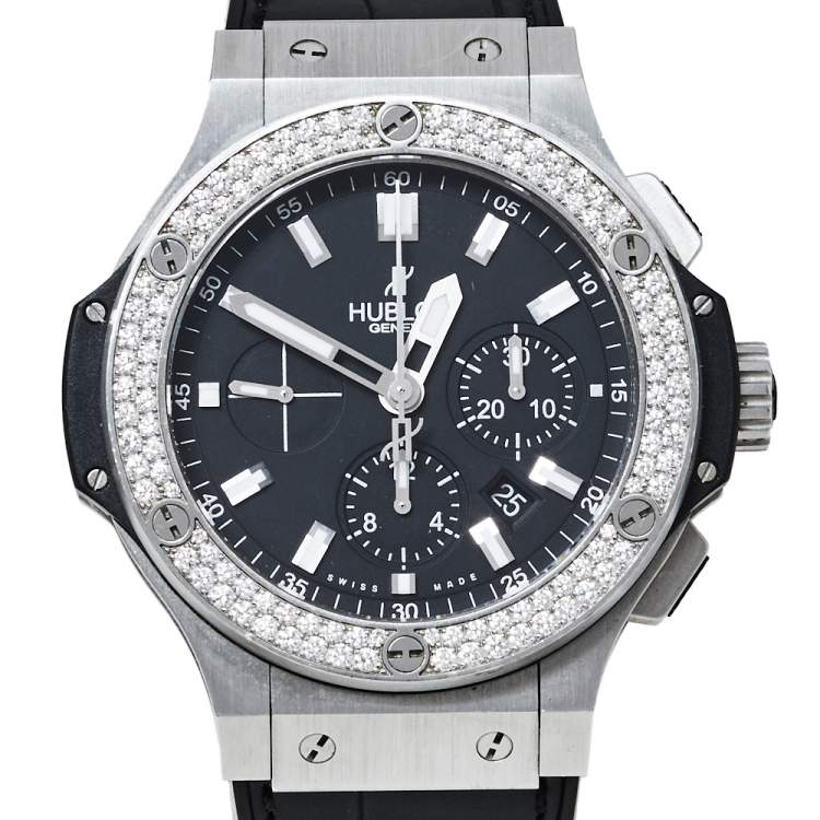 Pre Owned Hublot Black Stainless Steel Diamonds Big Bang Chronograph Men's Wristwatch 44MM